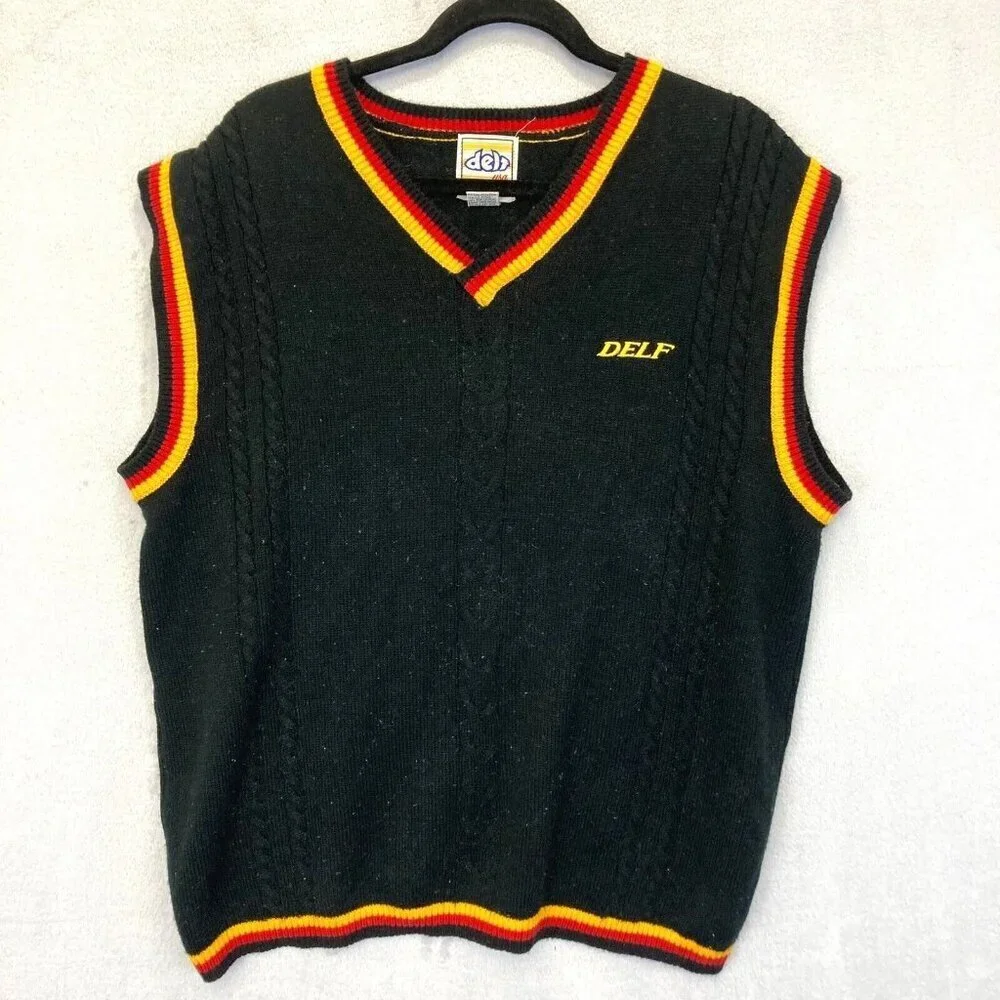 Delf USA Vintage Knit Sweater Vest Mens XL Black Red Hip Hop Retro 90s Y2K - Picture 1 of 13